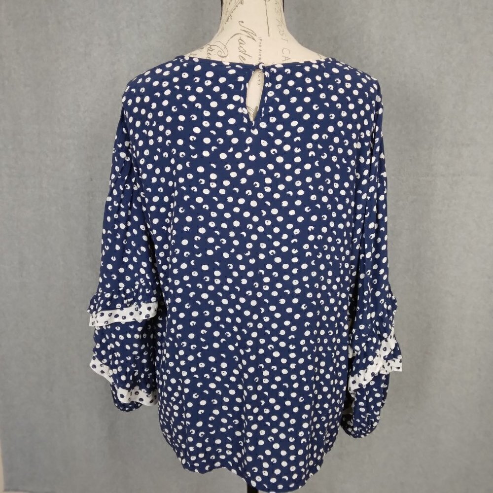 Soft Surroundings | Sonrisa Polka Dot Ruffle Sleeve Top Blue White Top | Size L - Picture 6 of 9